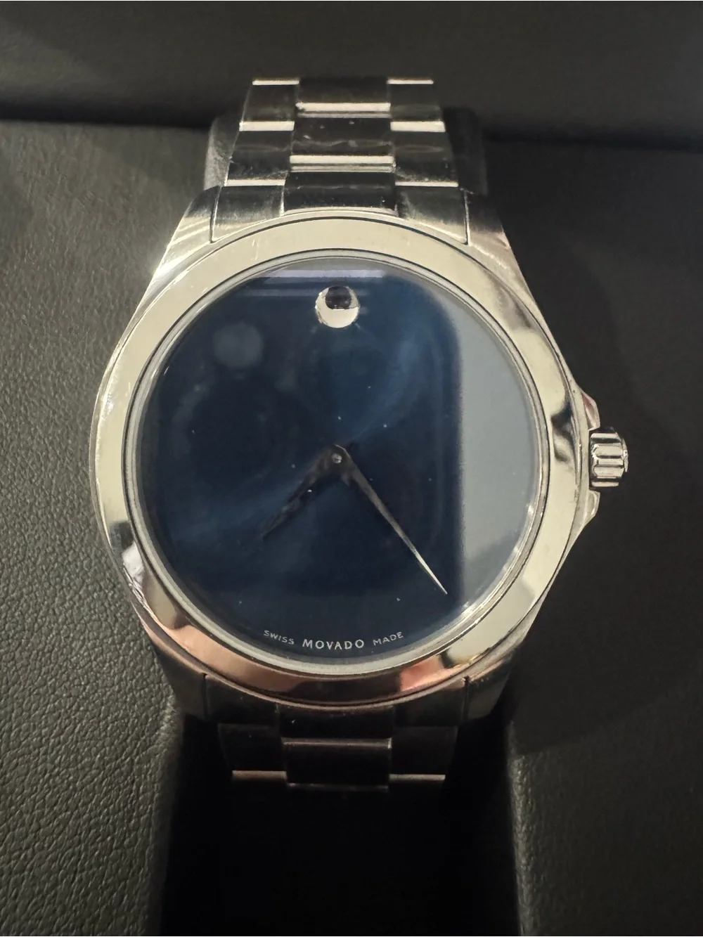#184 Movado Men's Silver Watch with Blue Sunburst Dial